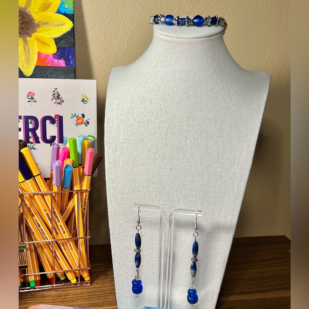 Blue Stone & Glass Beaded Artisan Earrings & Bracelet Set